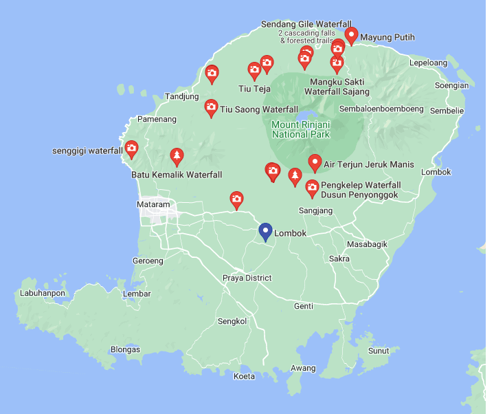 Map of Lombok with waterfall and volcano locations
