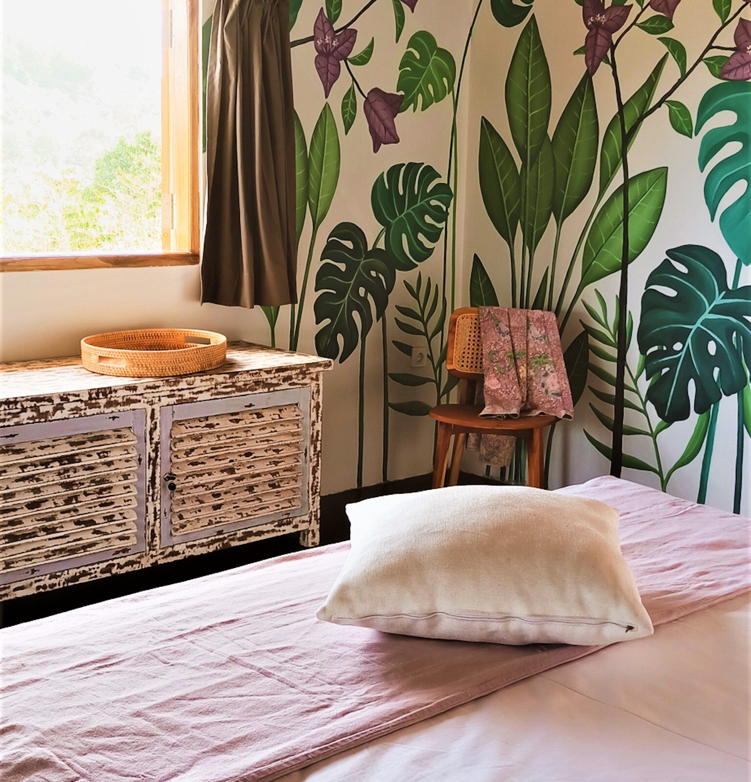 FabuLous Place Lombok surf villa purple bedroom with bougainvillea wall painting